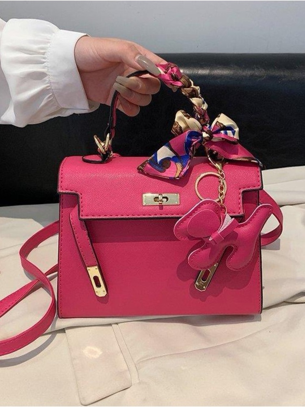 Rose Pink Top-Handle Satchel with Scarf-Wrapped Handle